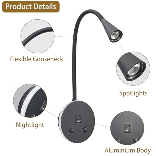 Book Lights for Reading at Night, LED Wall Mounted Reading Light, Black