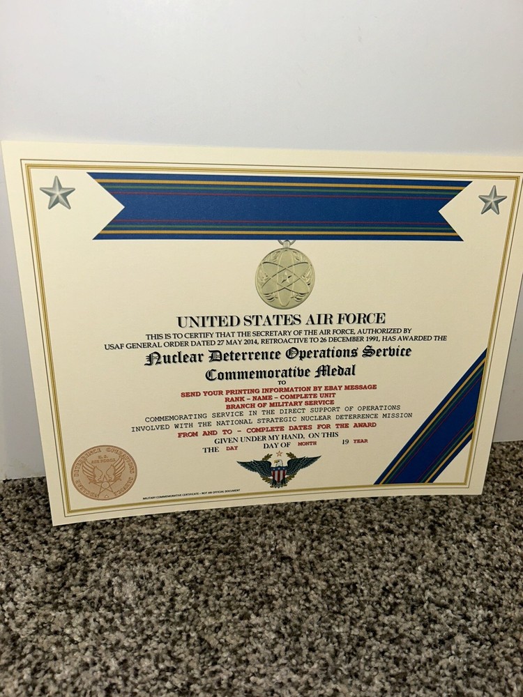 NUCLEAR DETERRENCE OPERATIONS MEDAL COMMEMORATIVE CERTIFICATE ~ W/PRINTING T-1