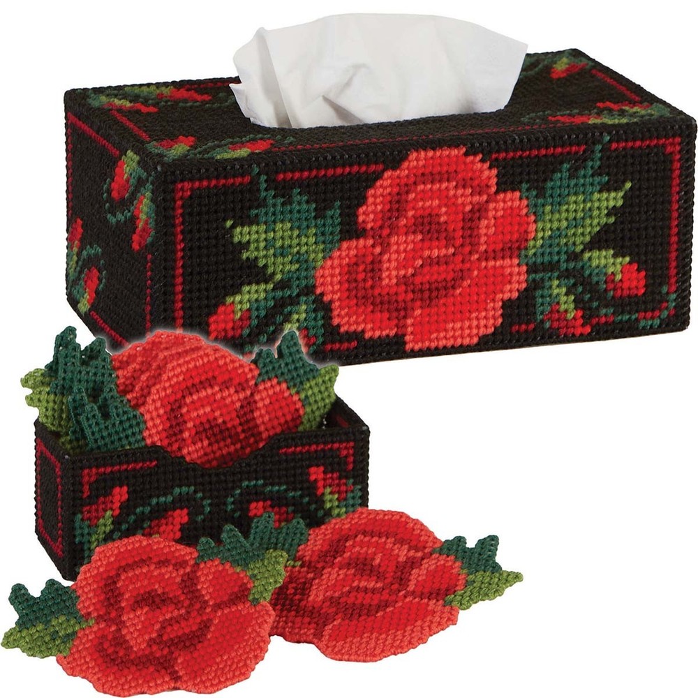 Herrschners® Ruby Roses  Tissue Box & Coaster Set Plastic Canvas Kit