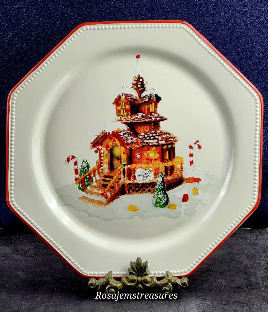 WILLIAMS-SONOMA Gingerbread Chef, 14" Octagonal Chop Plate/Red Trim/Embossed Dot