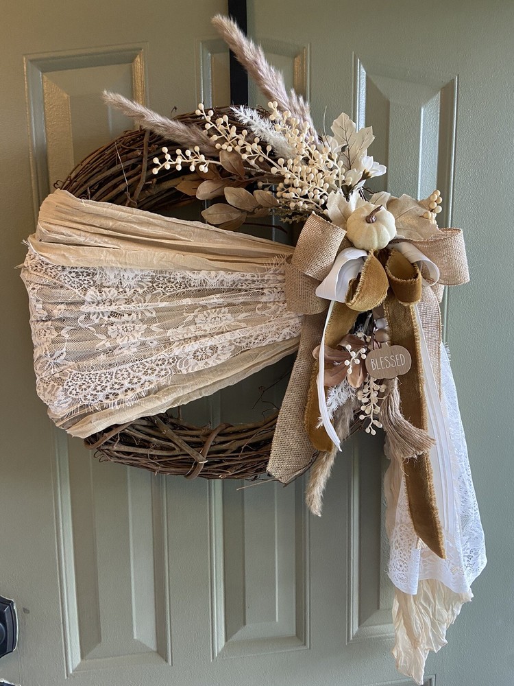 Fall Wreath Front Door - Neutral Thankful - Light Up