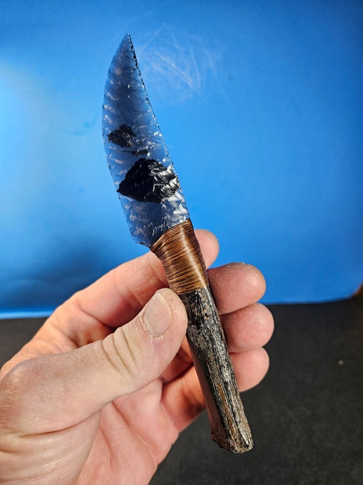 KILLER Fossilized Deer Leg Bone Diamond Pattern Smoky Obsidian Knife~Riddick 3