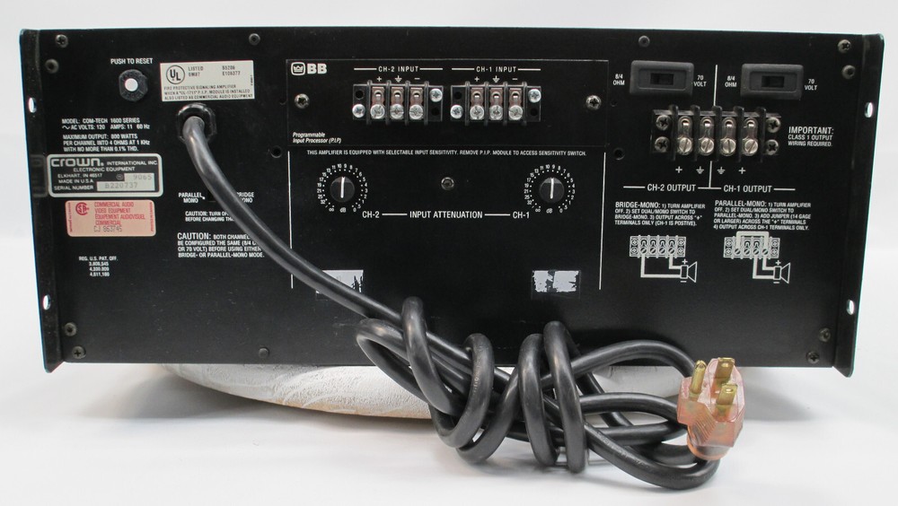 Crown Com-Tech 1600 Professional Power Amplifier Amp 800 W/CH @ 4-ohms