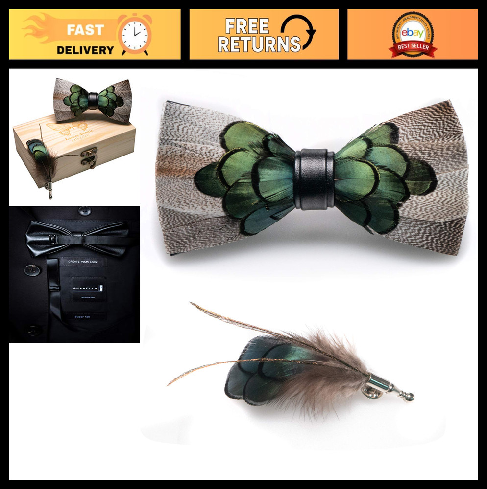 Handmade Feather Bow Tie & Brooch Set for Men - Stylish Formal Accessory