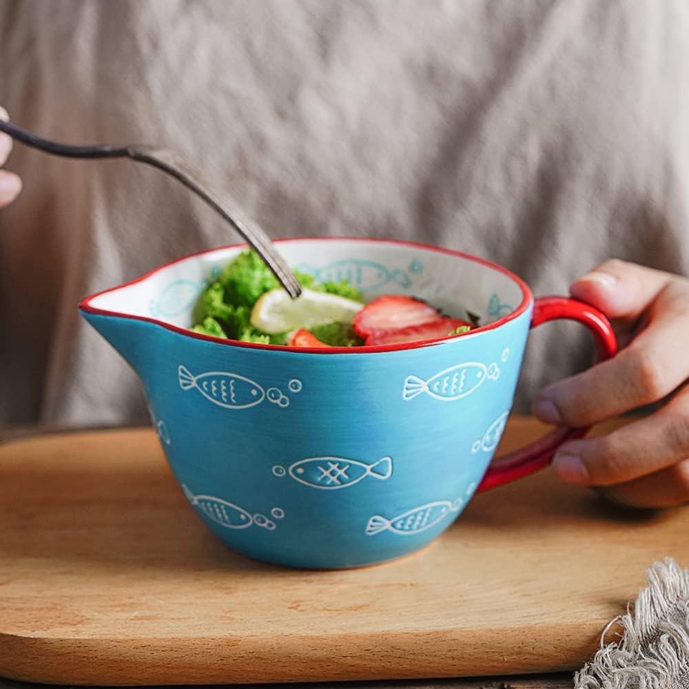 Gaolinci Blue Fish Pattern Kitchen Ceramic Mixing Bowl, 1 Quart Large Bowl, with