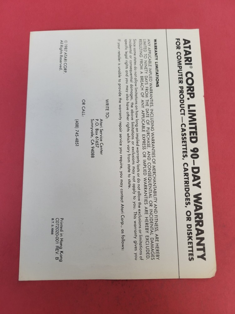 atari 90 day warranty insert