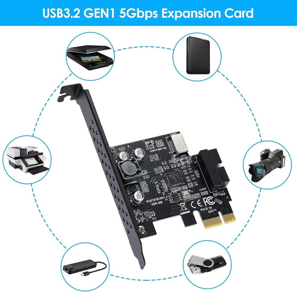 PCI-E 1X to USB 3.2 5Gbps 20pin Front Panel Header to Type-c Front Panel Head...