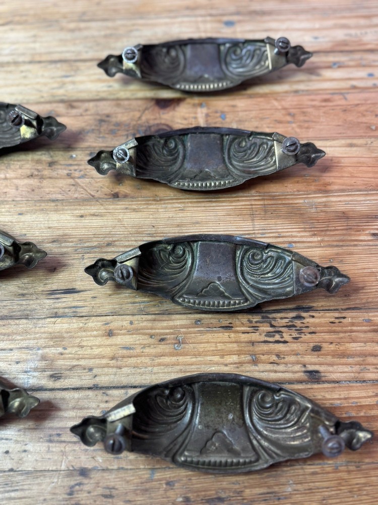 (INCLUDES 7) Vintage Antique Ornate Pressed Tin Cup Bin Pulls 6” (4” Spacing)