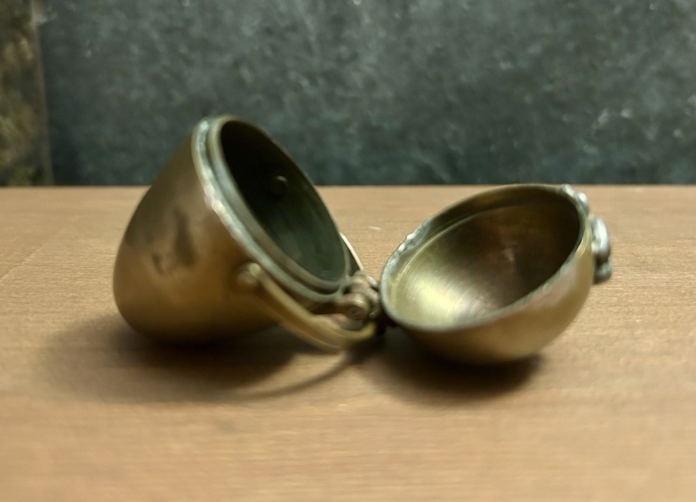 Victorian Brass Thimble Holder Sewing Egg 2" Silver Flowers Chatelaine 1880s
