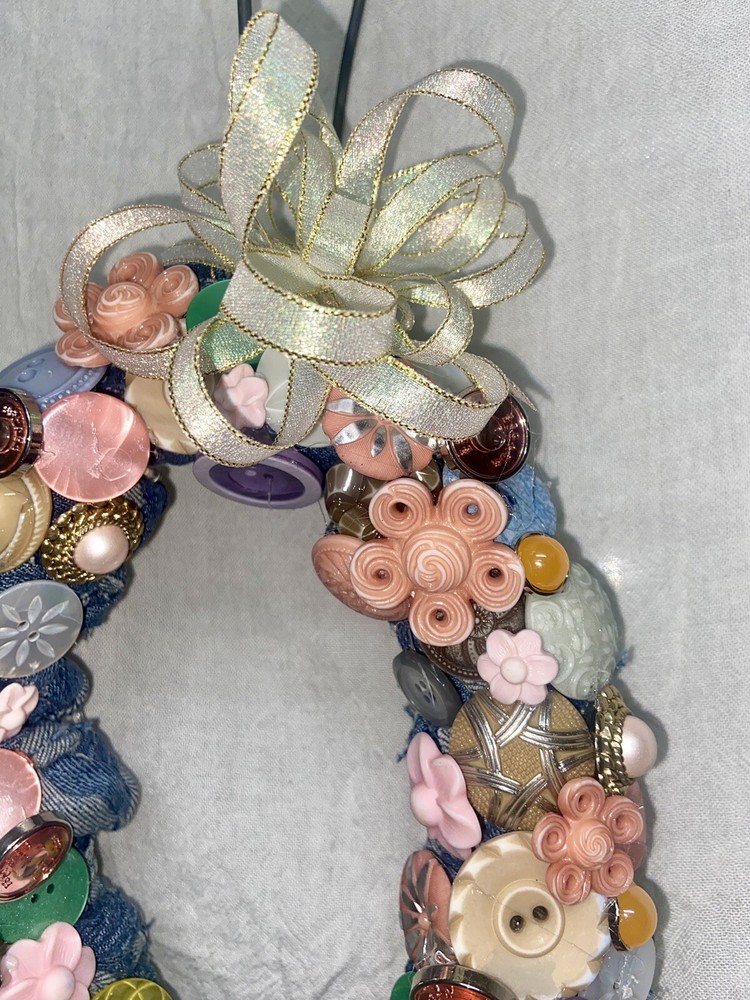 Handmade Oval Wreath 10" Buttons Easter Egg Spring Decor Pastel