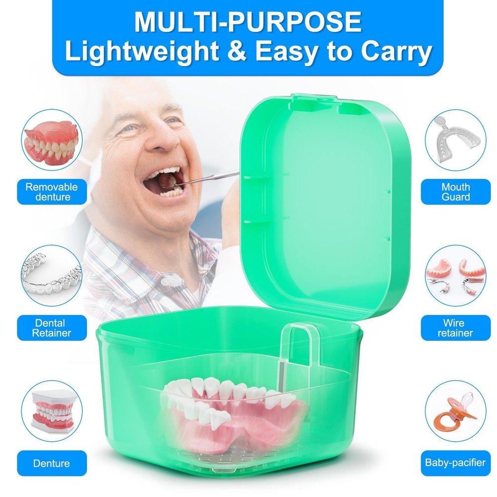 2 Pieces Denture Bath Box Case - Portable Soaking Cup with Strainer Basket - ...