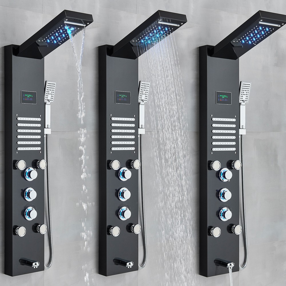 LED Shower Panel Tower System Rain&Waterfall Massage Jets Spray Stainless steel