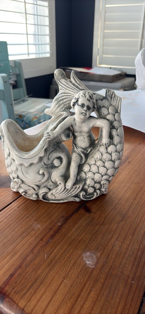 Ceramic Koi Carp Planter With Cherub Nautical Grey