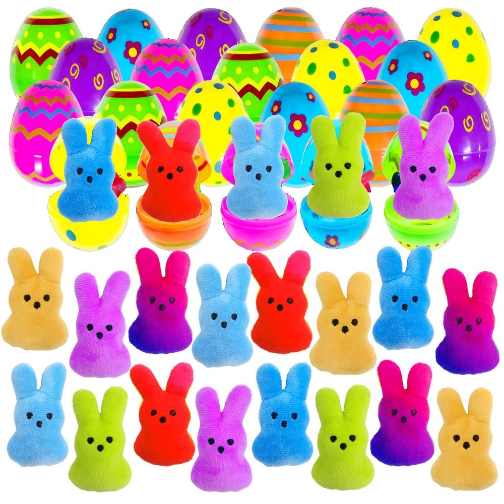 Cherislpy 24 Pcs PreFilled Easter Eggs with Plush Bunny Toys Multicolor