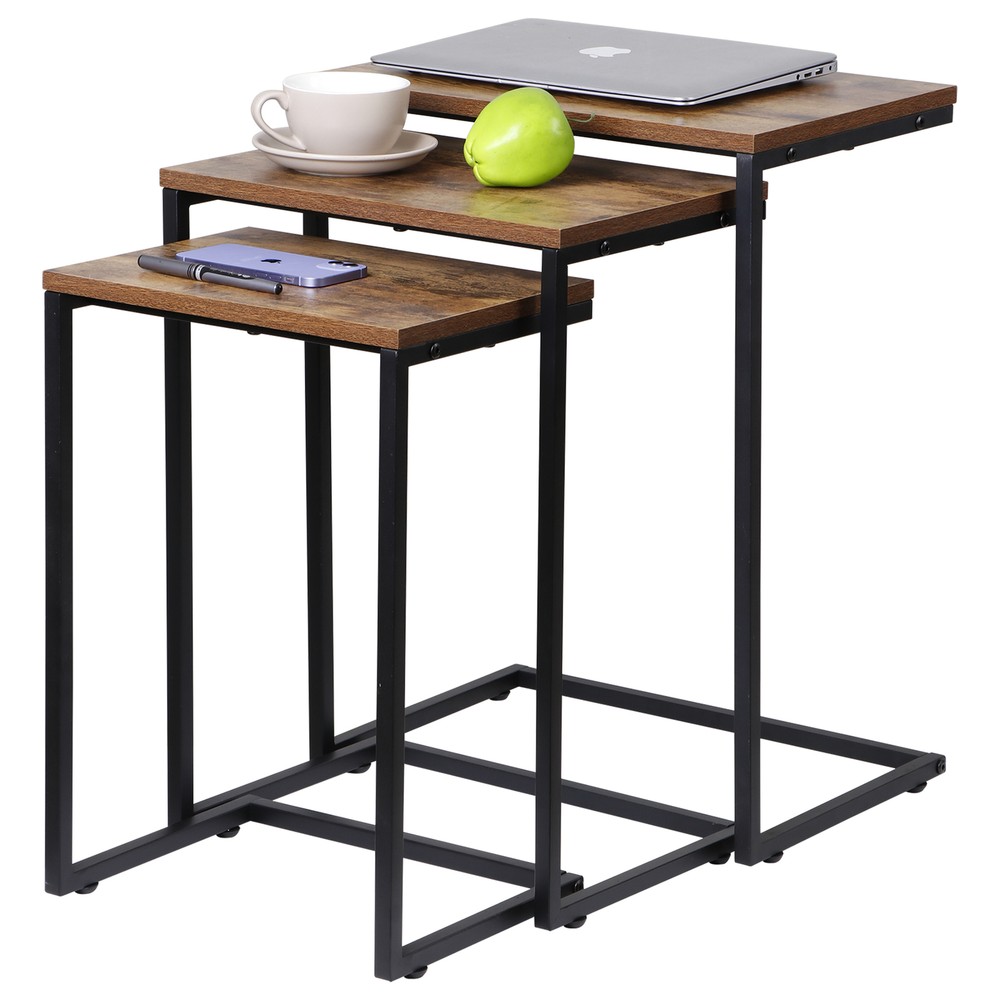 Modern C-Shaped End Tables Set of 3 Nesting Coffee Table Accent Side Table Brown