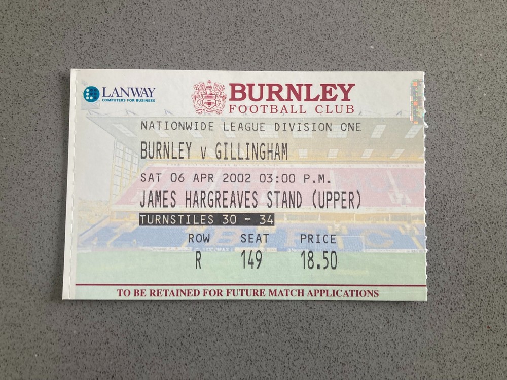 Burnley v Gillingham 2001-02 Match Ticket