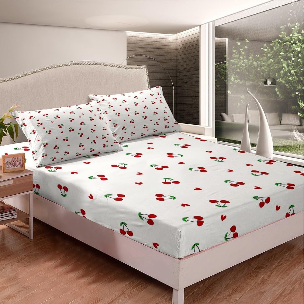Kids Red Cherry Fitted Sheet Queen Size, Cherry Pattern Bed Sheet Set Boys Gi...