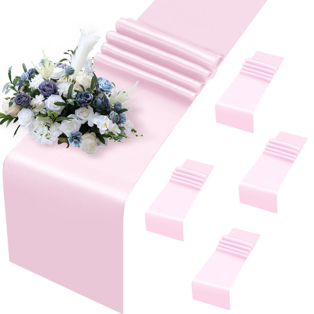 5 Pack Light Pink Satin Table Runner 12x108 Inch Bright Silk Smooth Fabric