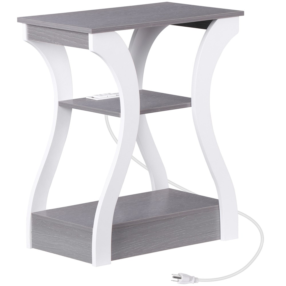 Grey End Tables With Charging Station Three Tier Storage Durable Engineered Wood