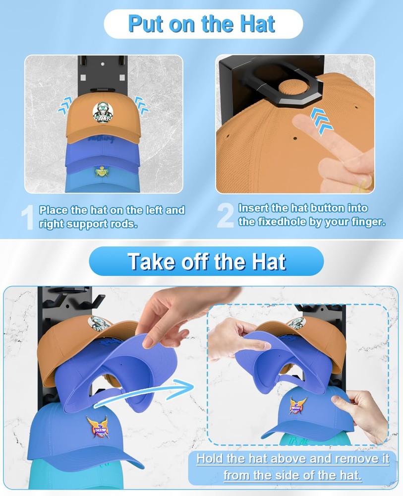 2 Pack Hat Organizer for Baseball Caps, Strong Adhesive Hat Rack for Wall