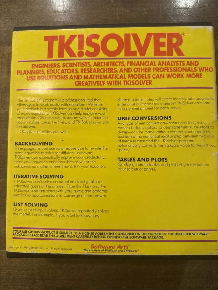 IBM PC Software: TK! SOLVER 1.2 From Software Arts DOS Vintage