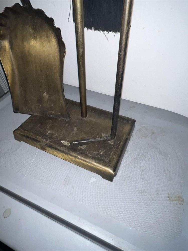 Vintage Solid Hammered Brass 3 Piece Fireplace Tool Set w/ Stand Bronze Metallic