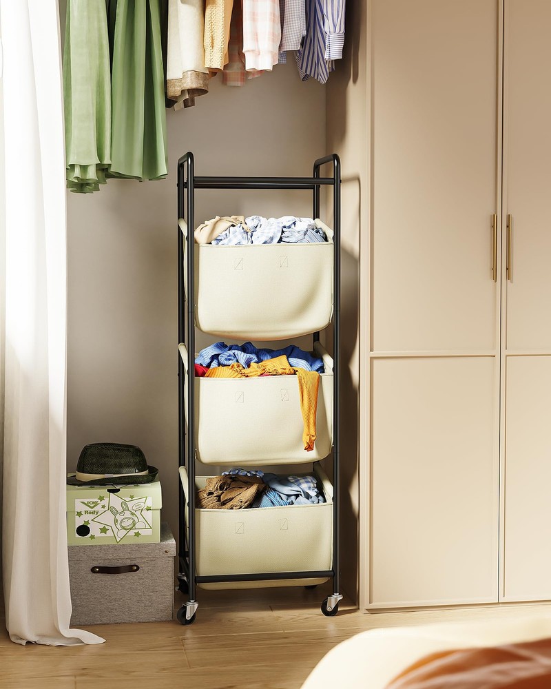 Moforoco Vertical Laundry Sorter 3 Section with Removable With Wheel, Beige