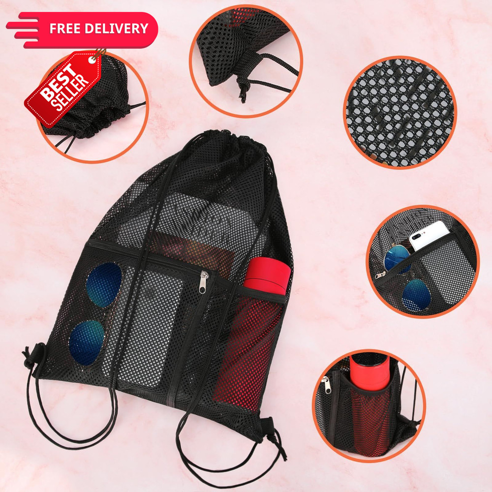 NATURAL STYLE 2 PACK Mesh Drawstring Backpack Bag, Multifunction Large, Black