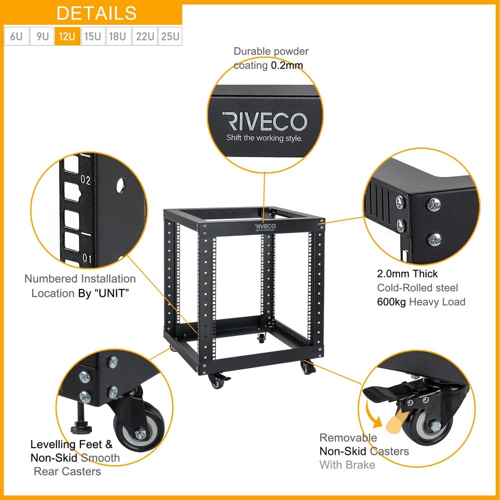 12U Server Rack Open Frame with Casters-RIVECO 4 Post Quick Assembly 19-inch,...