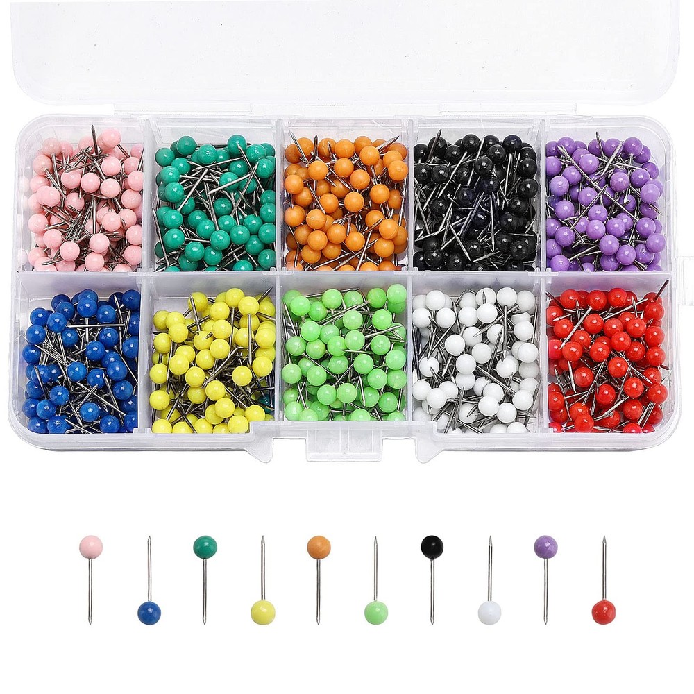 Push Pins Map Tacks 1000-Pack Assorted Color Round Head 800-map