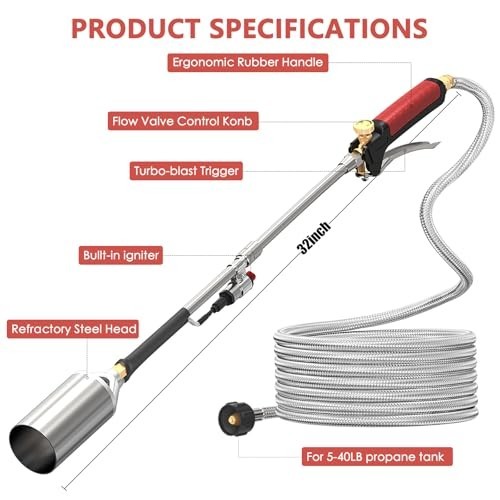 High Output Propane Torch Weed Burner Kit, 10FT Hose, Flame Control, Turbo Ignit