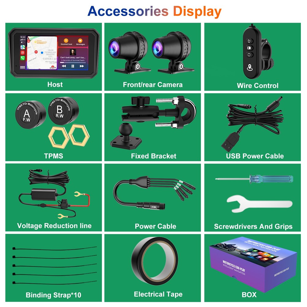 6" Motorcycle Carplay Dual 1080P Camera, iOS/Android, Loop Rec & Emer Lock, BT