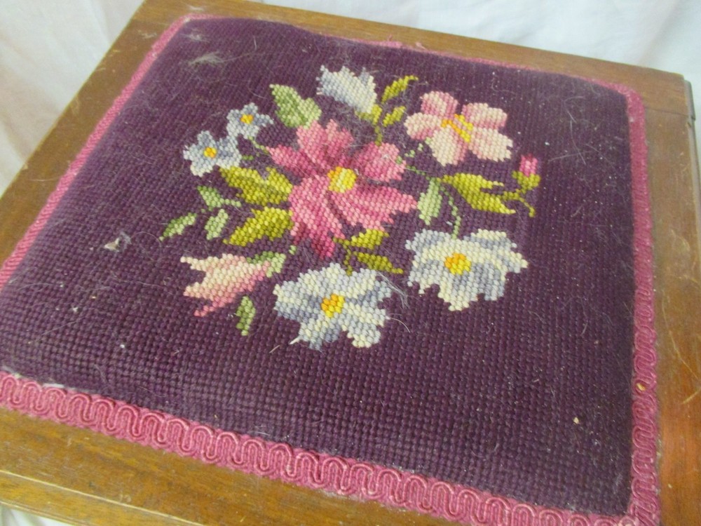 Antique carved Walnut Sewing Box Stand with Needlepoint lid