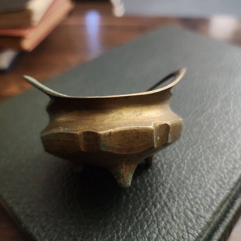 Antique Chinese Brass Dragon Incense Burner Bowl Container SIGNED