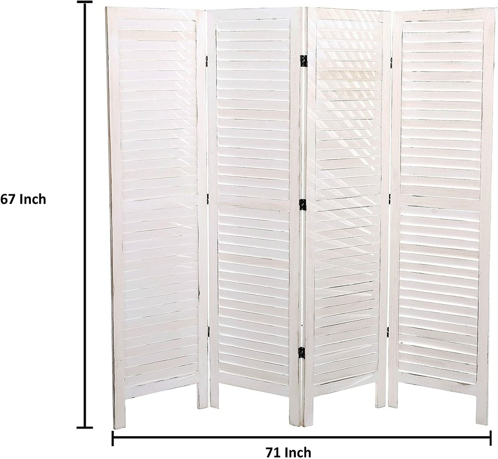 MyGift Whitewashed Wood 4 Panel Screen, Folding Louvered Room Divider
