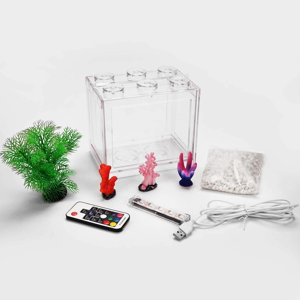 Small Betta Fish Tank Aquarium Tank Kit W/ LED Lighting 0.6 Gallon Stackable