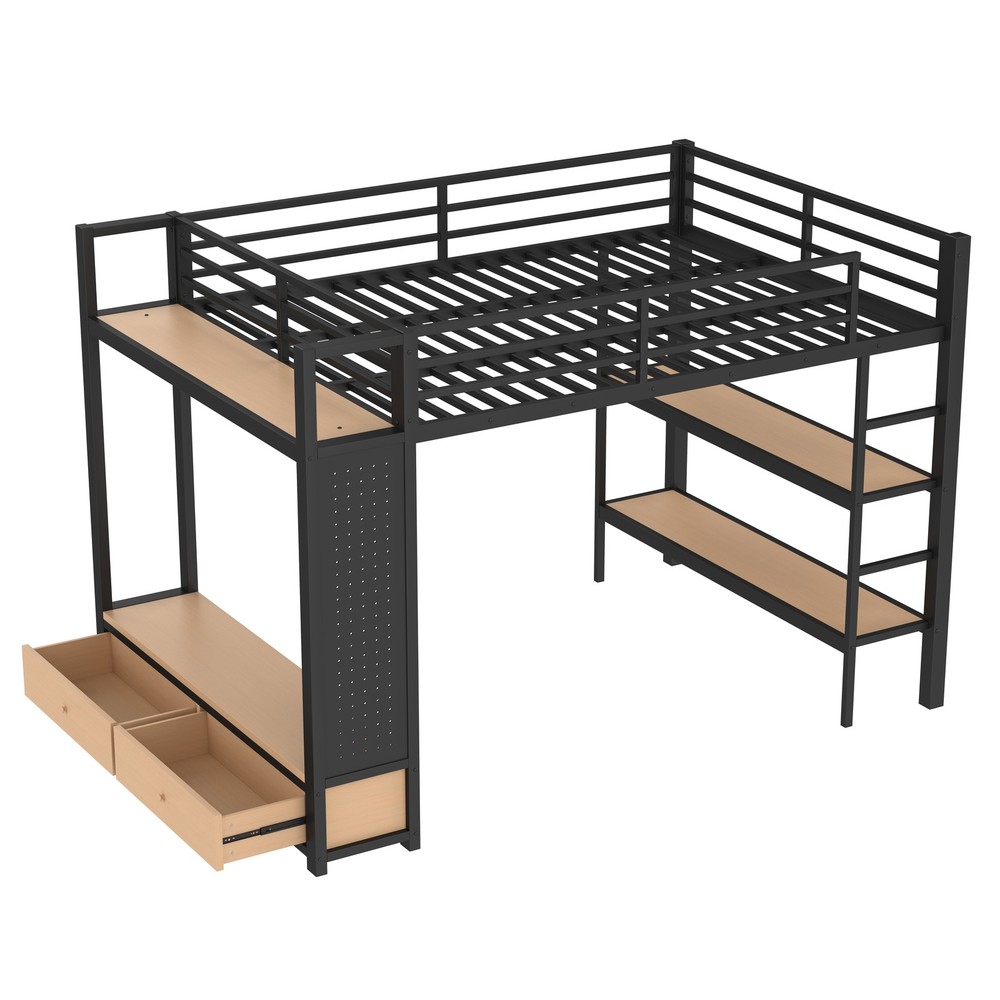 Queen Size Loft Bed Frame with Wardrobe/ Storage Shelves /Pegboard/Drawers Black