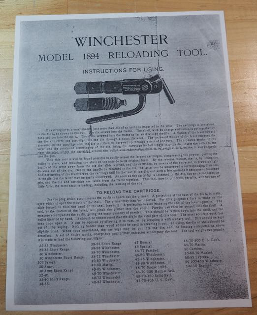 Winchester Model 1894 Reloading Tool-Instructions-(Light Gray Color)
