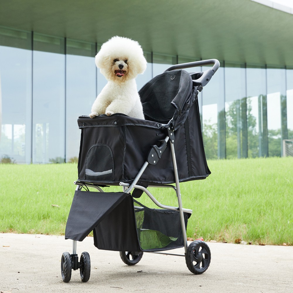 Pet Stroller Foldable 3-Wheel Storage Basket Cup Holder Small to Medium Cat Dog