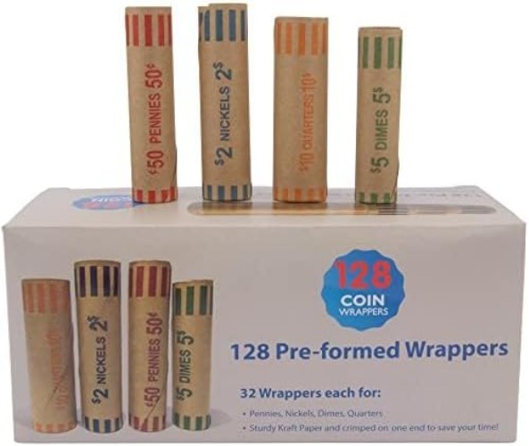 Protective Preformed Coin Wrapper Rolls - 128 Assorted for Automatic Counter Use