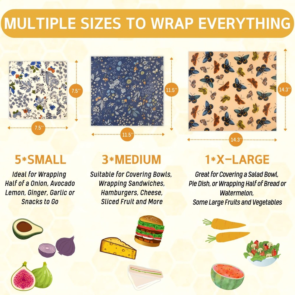 Zero Waste Wraps, 9pcs Beeswax, Reusable, Blue