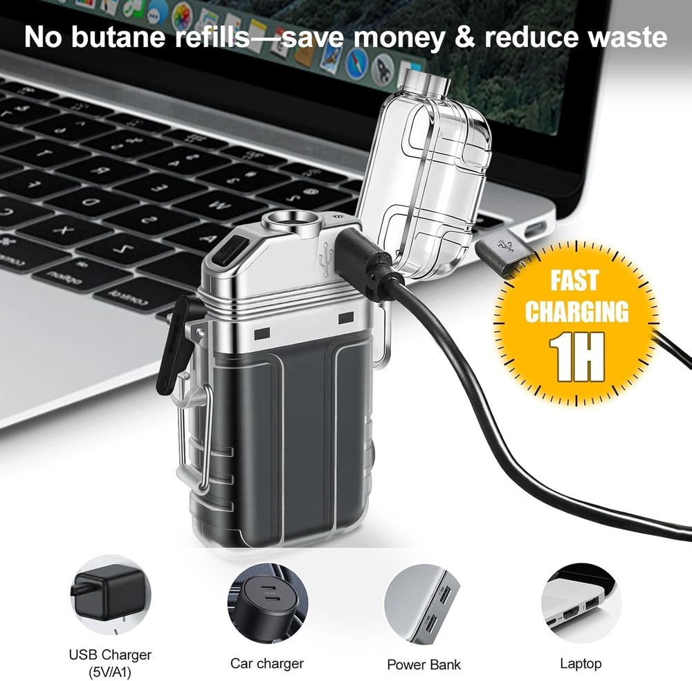 2-Pack Waterproof Dual Arc Plasma USB Lighter 3 Modes Flashlight Outdoor