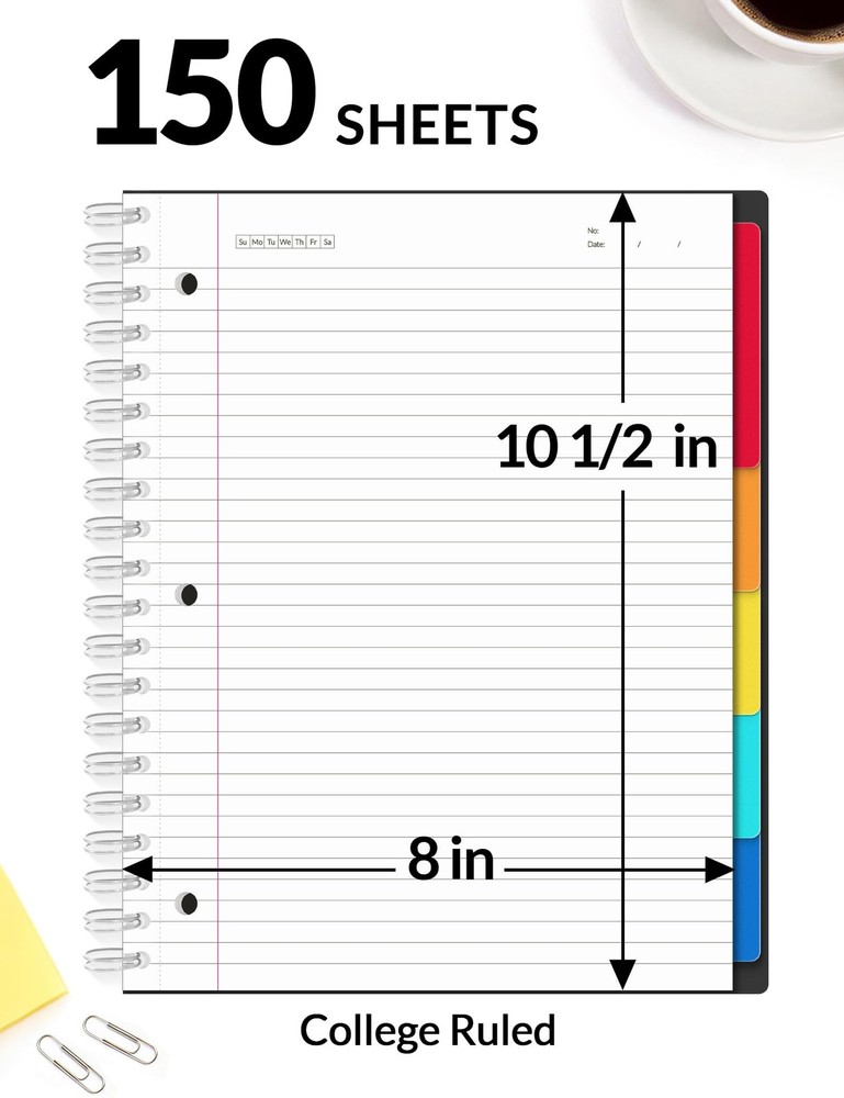 SUNEE Spiral Notebooks for Work with Removable Dividers & Tabs – Black