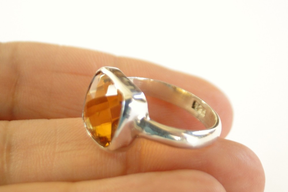 Square Yellow Citrine Solitaire Plain Sterling Silver Ring 6 7.25, 8 9