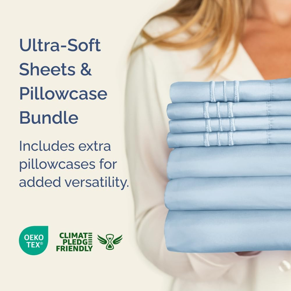 Sky Blue Split King Bed Sheet Set + 2 Extra Pillowcases - Deep Pockets