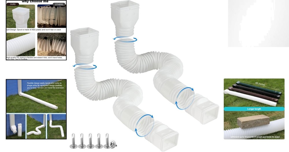 2-Pack White Downspout Extensions: Flexible Rain Gutter Drainage, 21-68 Inches