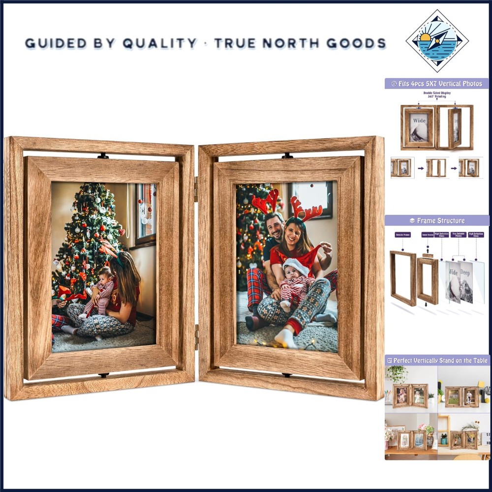 Rustic Double Picture Frame, 5x7 Hinged Collage with Distressed Wood Finish
