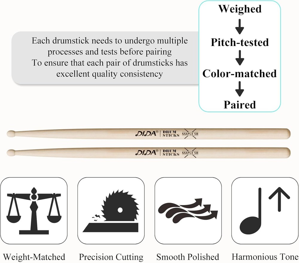 Drum Sticks, Drumsticks for Drum, Maple Wood Drumsticks, Tip 5b, 1 Pair