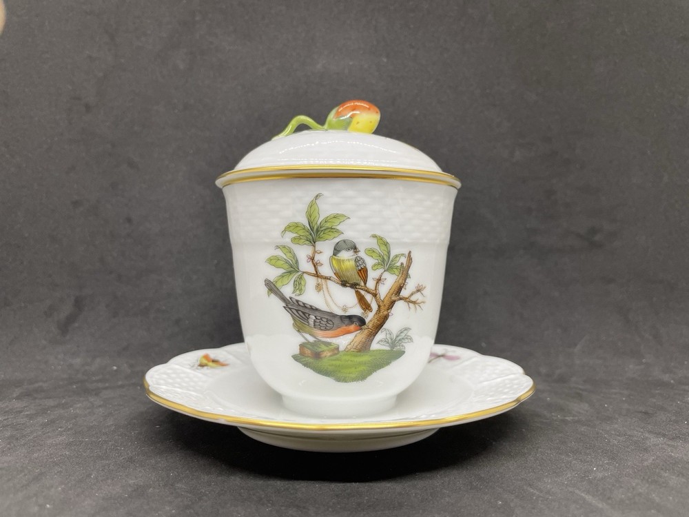 Herend Rothschild Bird Jam Jar with Lid and Attached Underplate