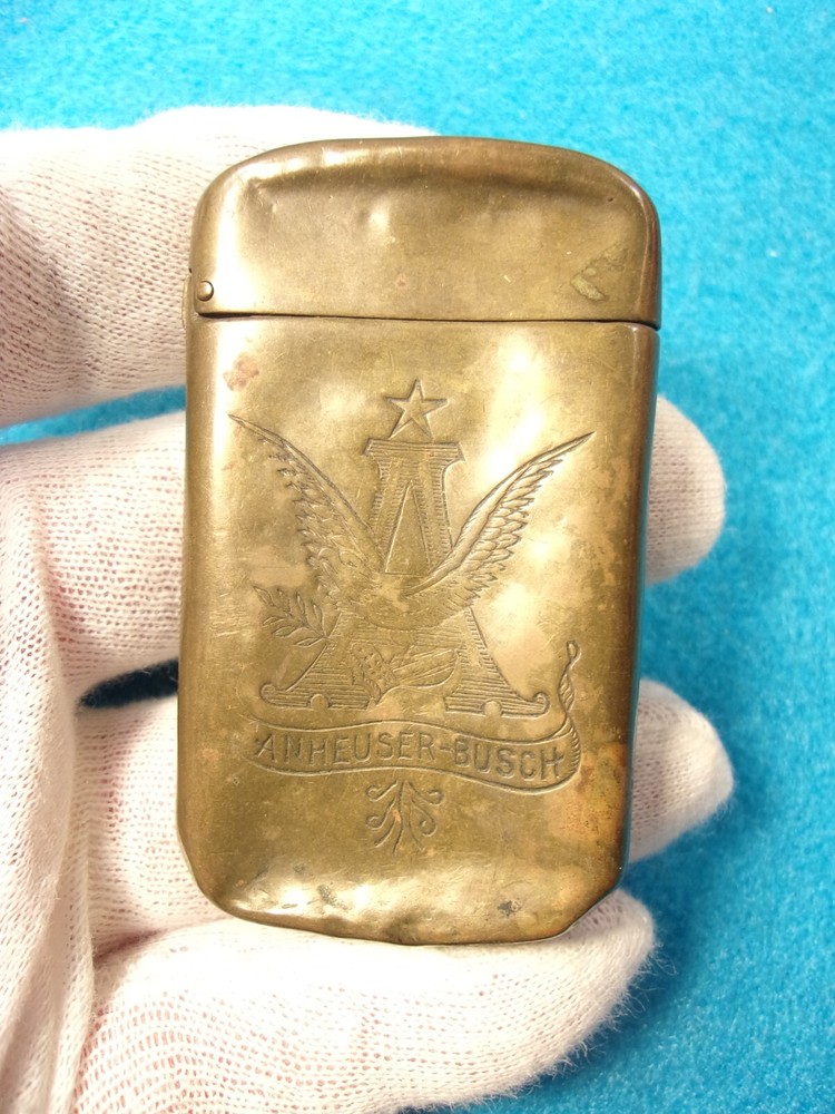 EXTREMELY RARE OLD VTG ANTIQUE SOLID BRASS "ANHEUSER BUSCH" MATCH SAFE / VESTA